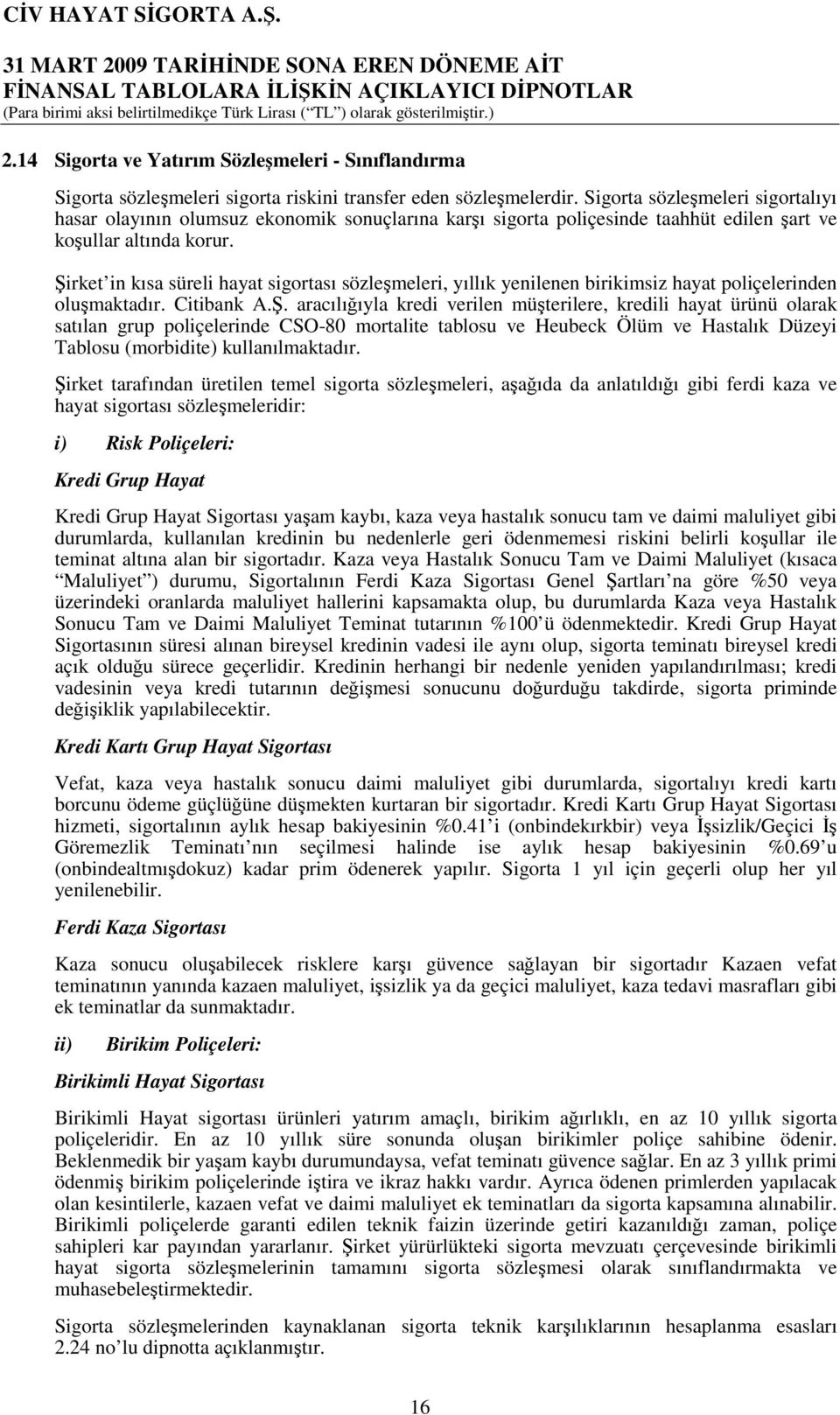 Şirket in kısa süreli hayat sigortası sözleşmeleri, yıllık yenilenen birikimsiz hayat poliçelerinden oluşmaktadır. Citibank A.Ş. aracılığıyla kredi verilen müşterilere, kredili hayat ürünü olarak satılan grup poliçelerinde CSO-80 mortalite tablosu ve Heubeck Ölüm ve Hastalık Düzeyi Tablosu (morbidite) kullanılmaktadır.