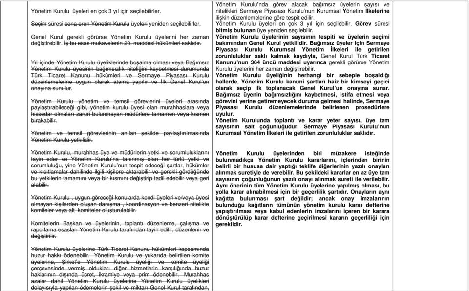 Yıl içinde Yönetim Kurulu üyeliklerinde boşalma olması veya Bağımsız Yönetim Kurulu üyesinin bağımsızlık niteliğini kaybetmesi durumunda Türk Ticaret Kanunu hükümleri ve Sermaye Piyasası Kurulu