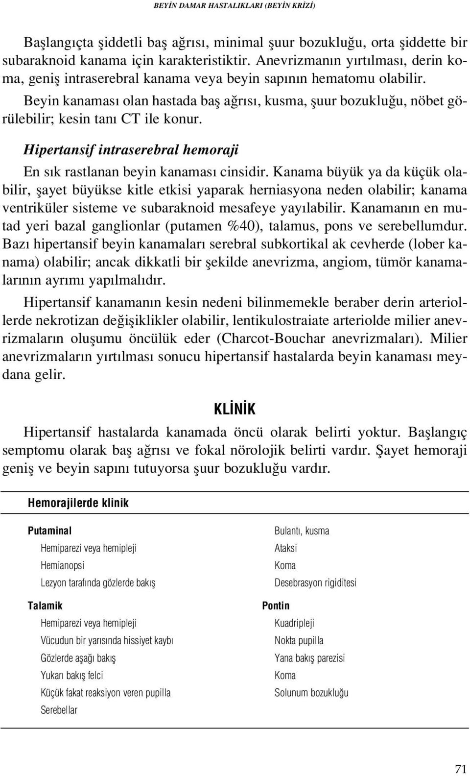 Beyin kanamas olan hastada bafl a r s, kusma, fluur bozuklu u, nöbet görülebilir; kesin tan CT ile konur. Hipertansif intraserebral hemoraji En s k rastlanan beyin kanamas cinsidir.