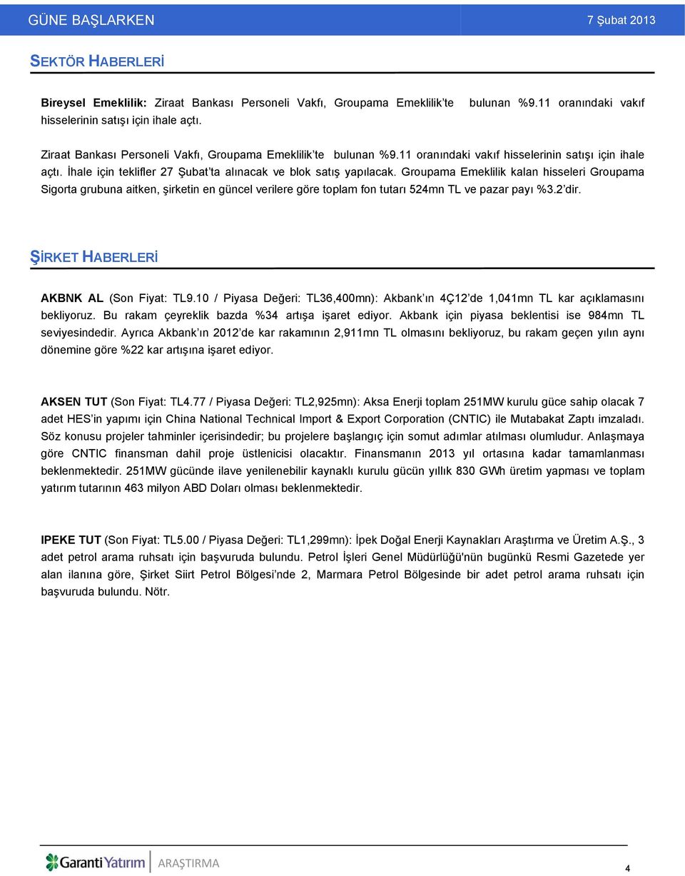 Groupama Emeklilik kalan hisseleri Groupama Sigorta grubuna aitken, şirketin en güncel verilere göre toplam fon tutarı 524mn TL ve pazar payı %3.2 dir. ŞİRKET HABERLERİ AKBNK AL (Son Fiyat: TL9.