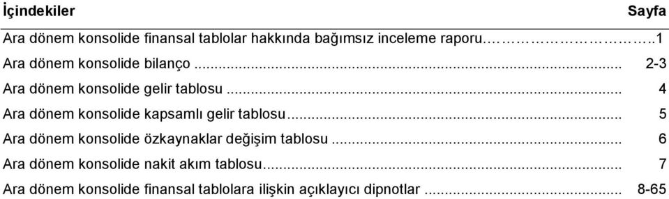 .. 4 Ara dönem konsolide kapsamlı gelir tablosu.