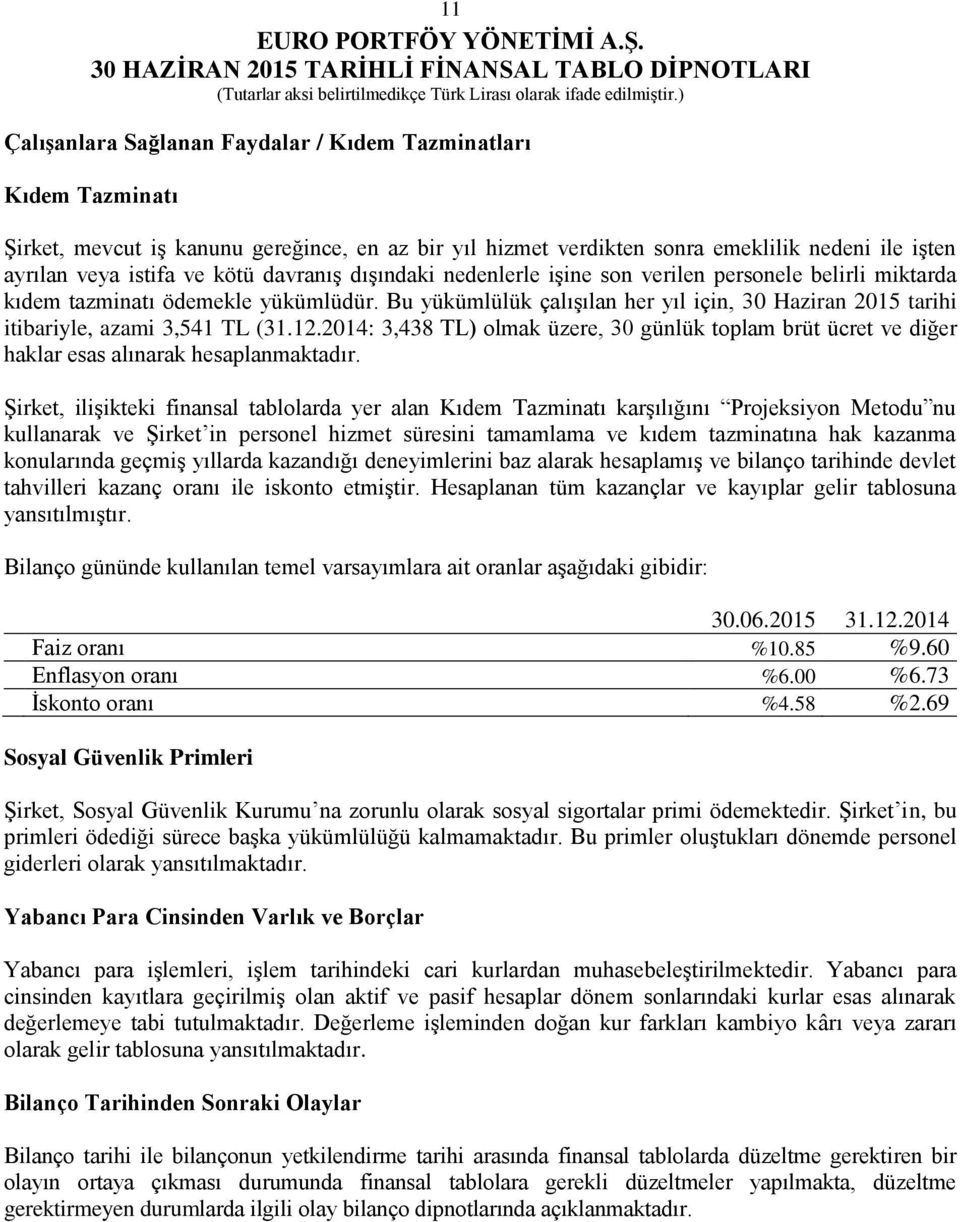 Bu yükümlülük çalışılan her yıl için, 30 Haziran 2015 tarihi itibariyle, azami 3,541 TL (31.12.2014: 3,438 TL) olmak üzere, 30 günlük toplam brüt ücret ve diğer haklar esas alınarak hesaplanmaktadır.