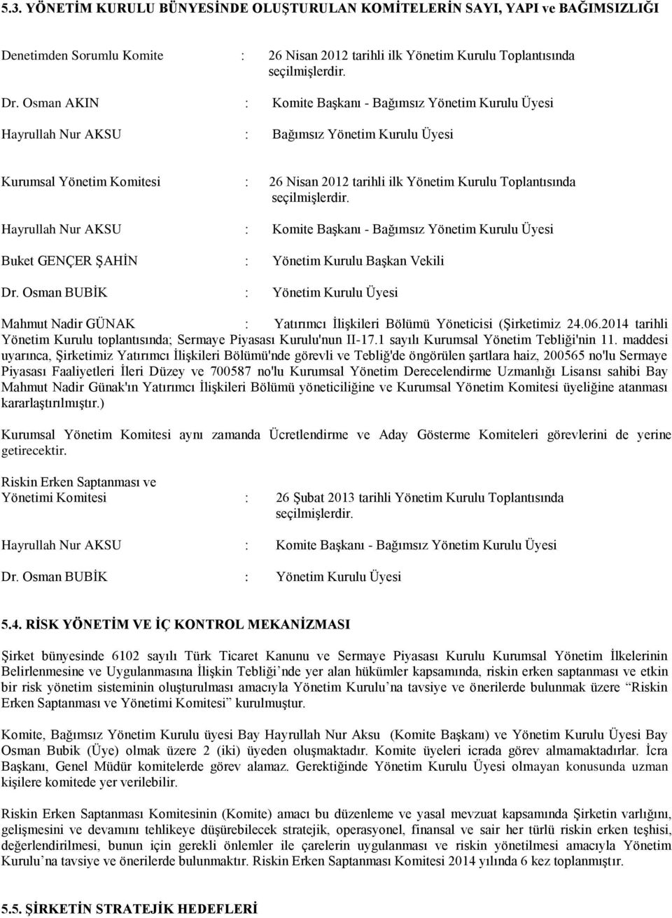seçilmişlerdir. Hayrullah Nur AKSU : Komite Başkanı - Bağımsız Yönetim Kurulu Üyesi Buket GENÇER ŞAHİN : Yönetim Kurulu Başkan Vekili Dr.