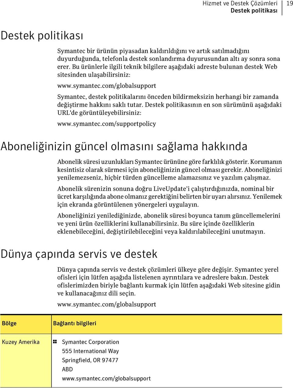 Bu ürünlerle ilgili teknik bilgilere aşağıdaki adreste bulunan destek Web sitesinden ulaşabilirsiniz: Symantec, destek politikalarını önceden bildirmeksizin herhangi bir zamanda değiştirme hakkını