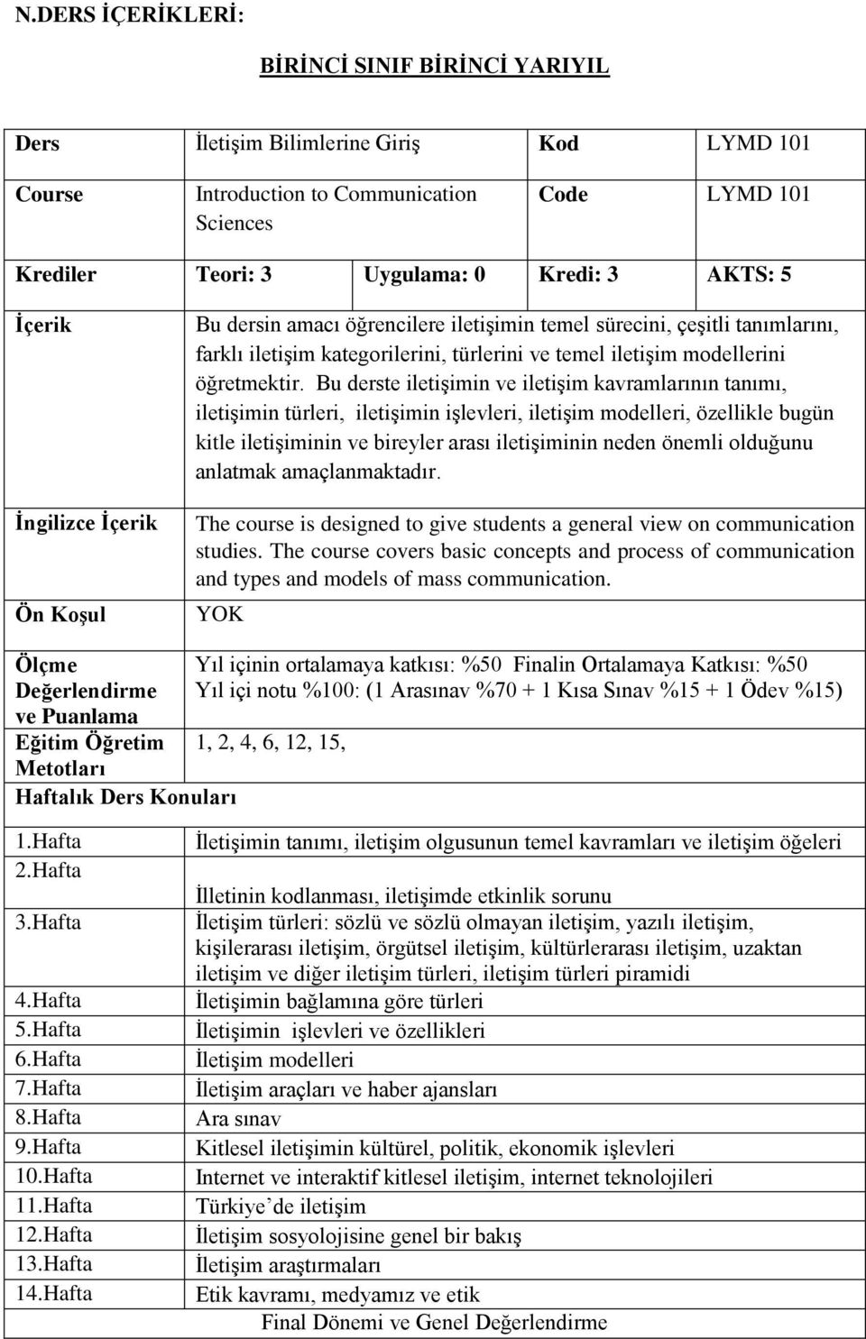 Bu derste iletişimin ve iletişim kavramlarının tanımı, iletişimin türleri, iletişimin işlevleri, iletişim modelleri, özellikle bugün kitle iletişiminin ve bireyler arası iletişiminin neden önemli