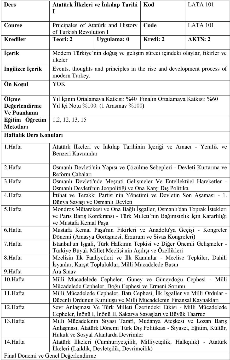 YOK Ölçme Ve Puanlama Eğitim Öğretim Metotları Haftalık Ders Konuları Yıl İçinin Ortalamaya Katkısı: %40 Finalin Ortalamaya Katkısı: %60 Yıl İçi Notu %100: (1 Arasınav %100) 1,2, 12, 13, 15 1.