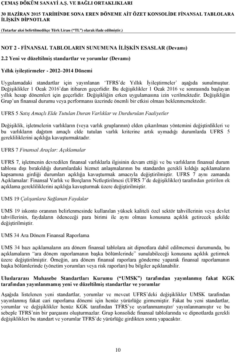 Değişiklikler 1 Ocak 2016 dan itibaren geçerlidir. Bu değişiklikler 1 Ocak 2016 ve sonrasında başlayan yıllık hesap dönemleri için geçerlidir. Değişikliğin erken uygulamasına izin verilmektedir.