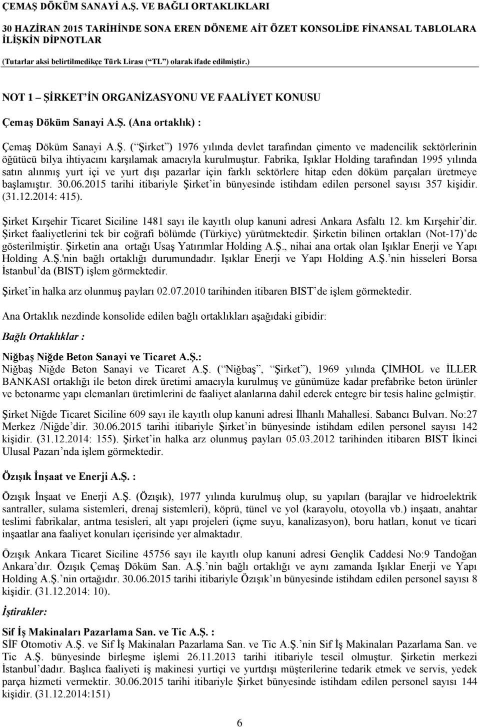 2015 tarihi itibariyle Şirket in bünyesinde istihdam edilen personel sayısı 357 kişidir. (31.12.2014: 415). Şirket Kırşehir Ticaret Siciline 1481 sayı ile kayıtlı olup kanuni adresi Ankara Asfaltı 12.