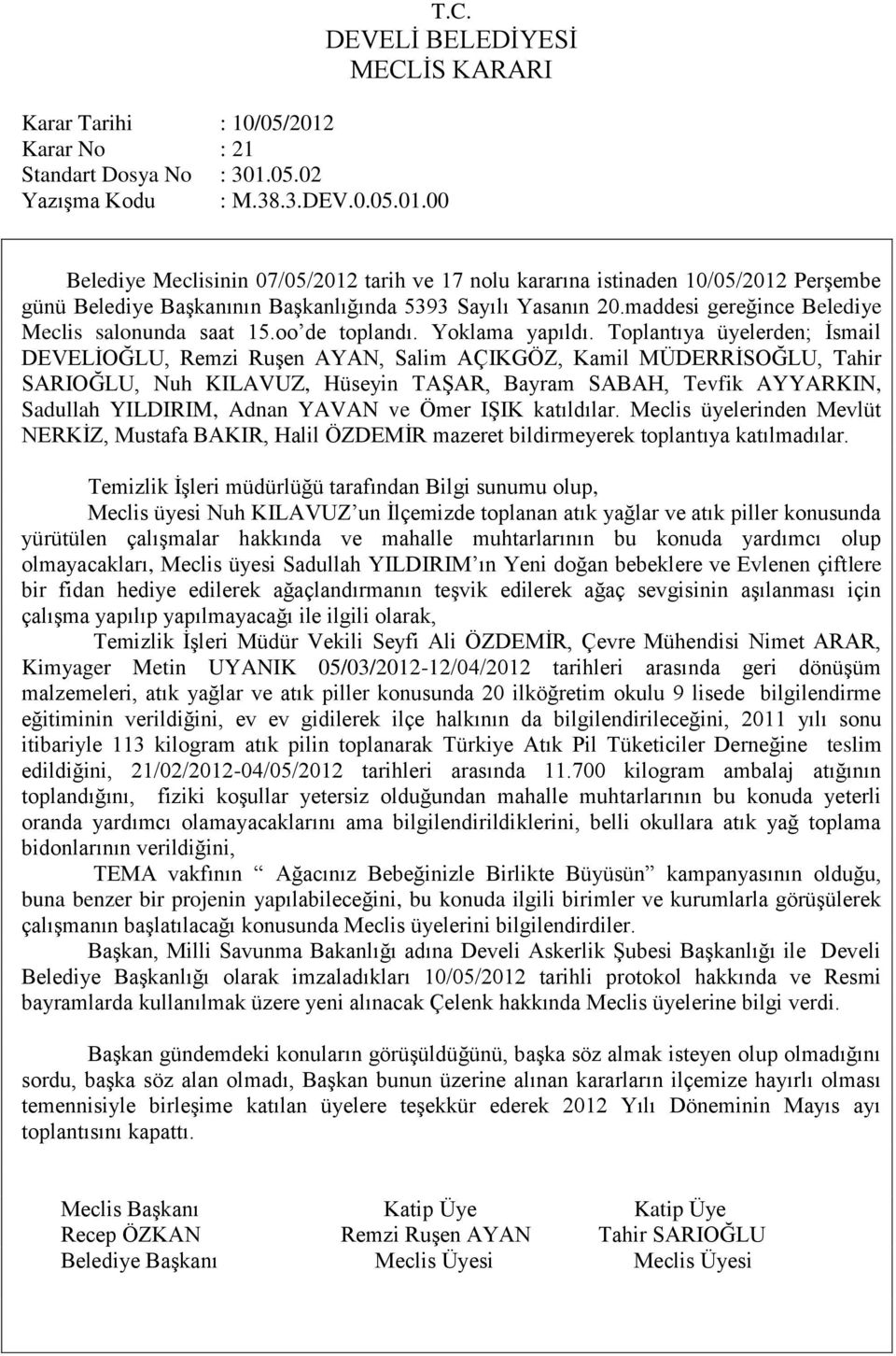 Toplantıya üyelerden; Ġsmail DEVELĠOĞLU, Remzi RuĢen AYAN, Salim AÇIKGÖZ, Kamil MÜDERRĠSOĞLU, Tahir SARIOĞLU, Nuh KILAVUZ, Hüseyin TAġAR, Bayram SABAH, Tevfik AYYARKIN, Sadullah YILDIRIM, Adnan YAVAN