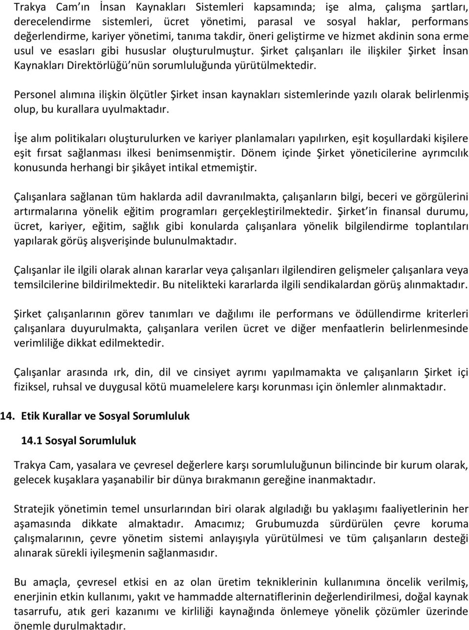 Şirket çalışanları ile ilişkiler Şirket İnsan Kaynakları Direktörlüğü nün sorumluluğunda yürütülmektedir.