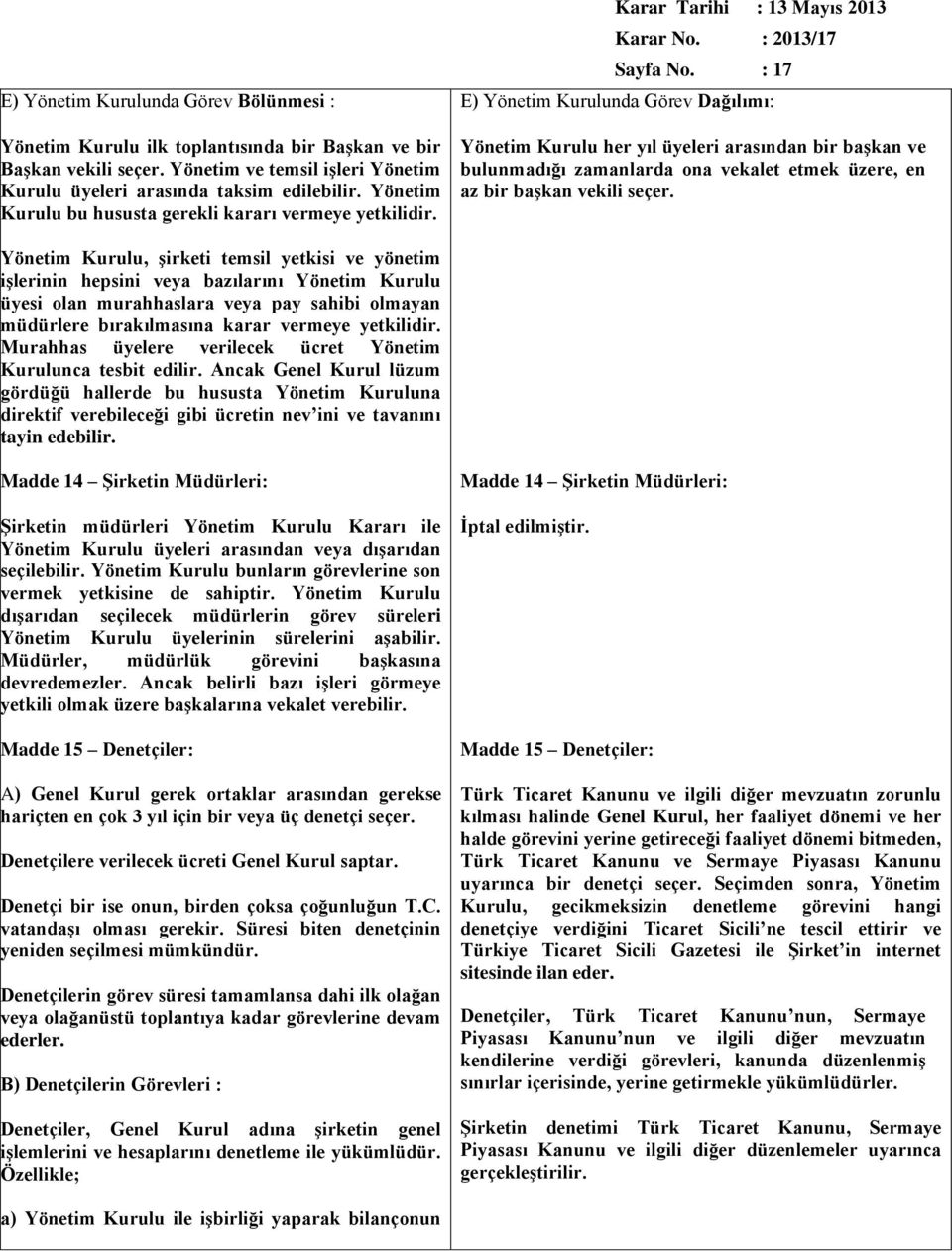 : 17 E) Yönetim Kurulunda Görev Dağılımı: Yönetim Kurulu her yıl üyeleri arasından bir başkan ve bulunmadığı zamanlarda ona vekalet etmek üzere, en az bir başkan vekili seçer.