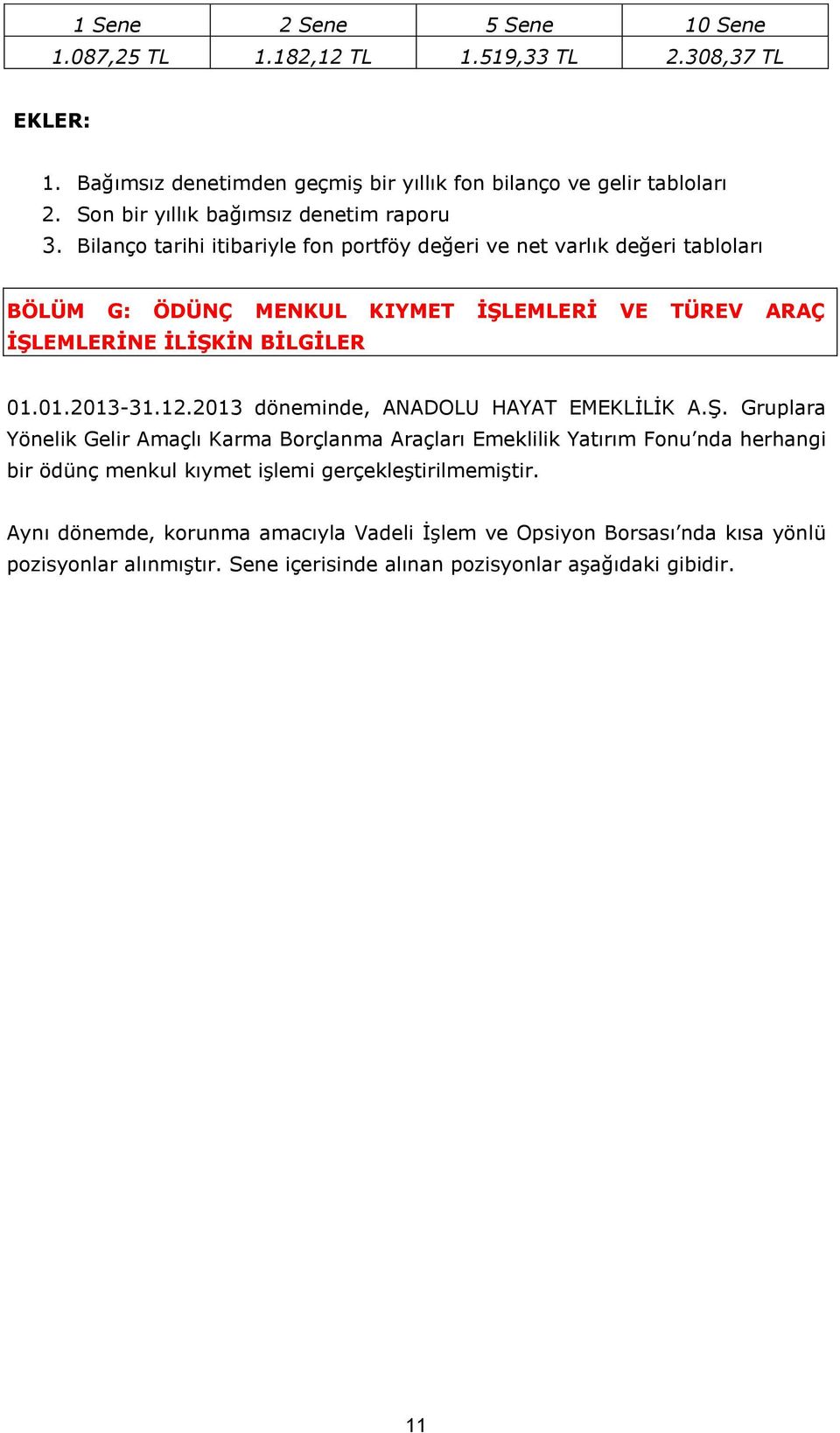 Bilanço tarihi itibariyle fon portföy değeri ve net varlık değeri tabloları BÖLÜM G: ÖDÜNÇ MENKUL KIYMET İŞLEMLERİ VE TÜREV ARAÇ İŞLEMLERİNE İLİŞKİN BİLGİLER 01.01.2013-31.12.