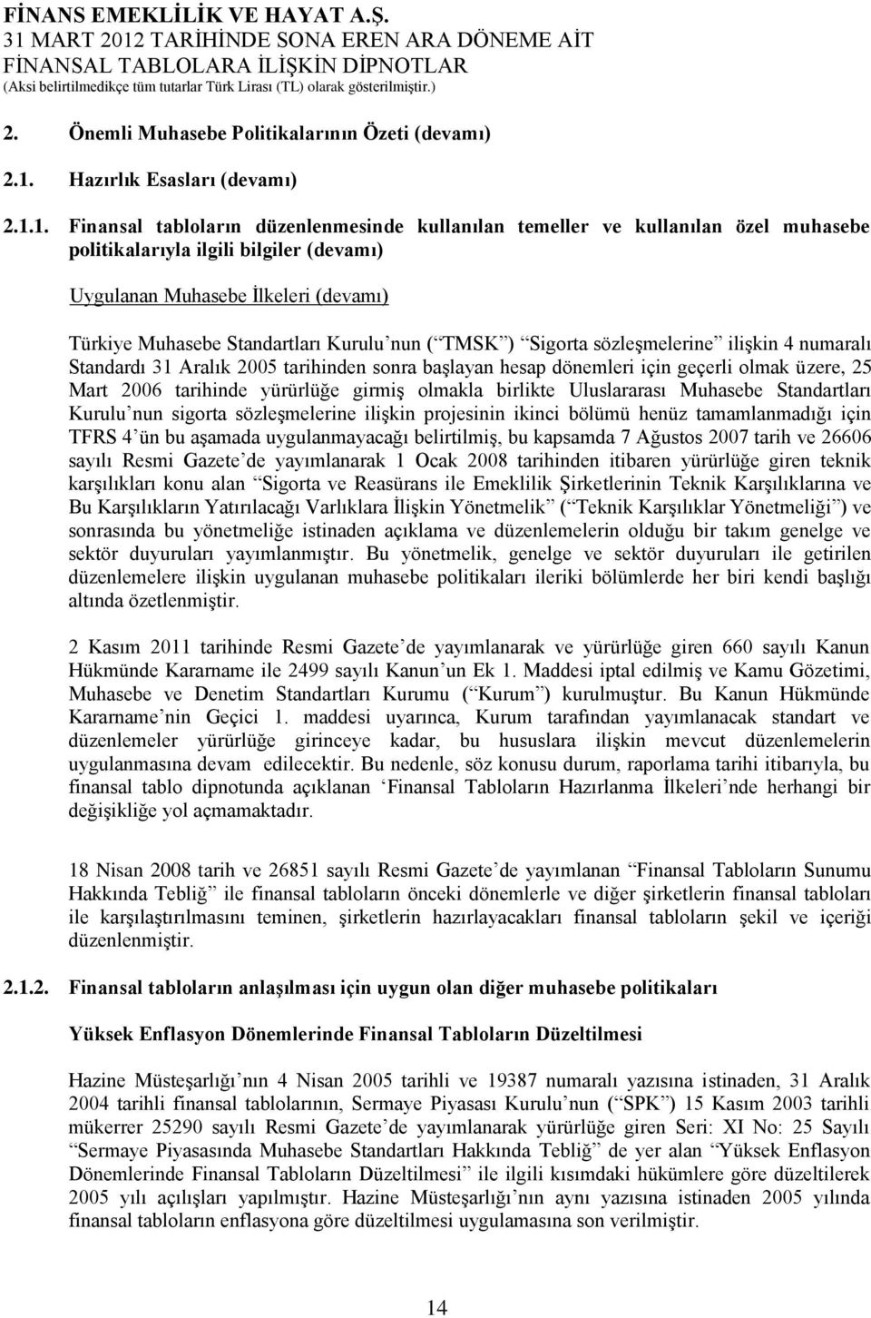 1. Finansal tabloların düzenlenmesinde kullanılan temeller ve kullanılan özel muhasebe politikalarıyla ilgili bilgiler (devamı) Uygulanan Muhasebe İlkeleri (devamı) Türkiye Muhasebe Standartları