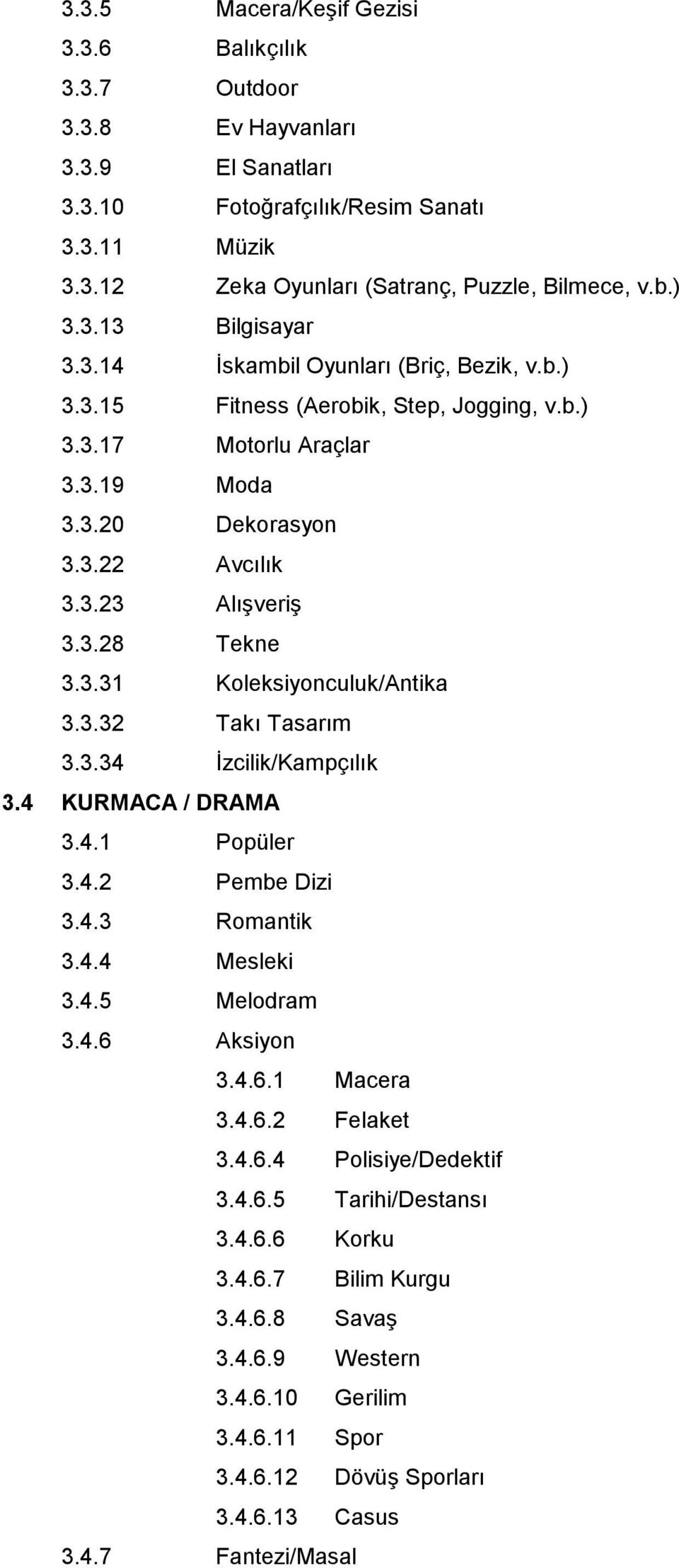 3.31 Koleksiyonculuk/Antika 3.3.32 Takı Tasarım 3.3.34 İzcilik/Kampçılık 3.4 KURMACA / DRAMA 3.4.1 Popüler 3.4.2 Pembe Dizi 3.4.3 Romantik 3.4.4 Mesleki 3.4.5 Melodram 3.4.6 Aksiyon 3.4.6.1 Macera 3.