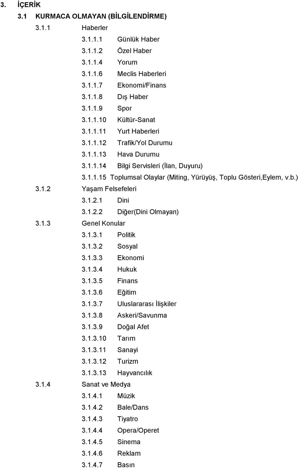 1.2.1 Dini 3.1.2.2 Diğer(Dini Olmayan) 3.1.3 Genel Konular 3.1.3.1 Politik 3.1.3.2 Sosyal 3.1.3.3 Ekonomi 3.1.3.4 Hukuk 3.1.3.5 Finans 3.1.3.6 Eğitim 3.1.3.7 Uluslararası İlişkiler 3.1.3.8 Askeri/Savunma 3.