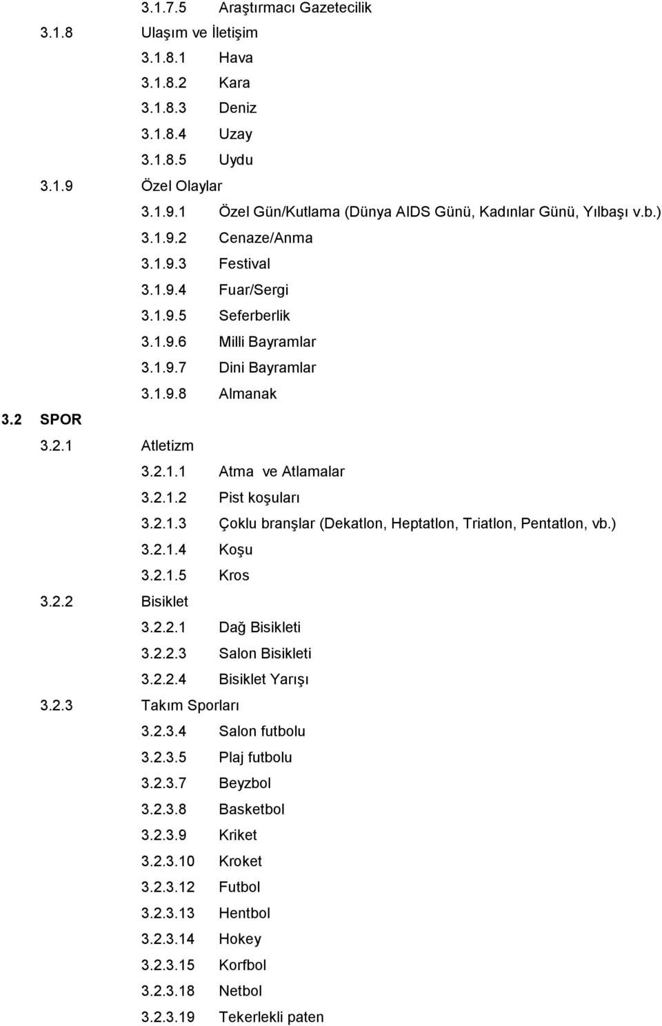 2.1.3 Çoklu branşlar (Dekatlon, Heptatlon, Triatlon, Pentatlon, vb.) 3.2.1.4 Koşu 3.2.1.5 Kros 3.2.2 Bisiklet 3.2.2.1 Dağ Bisikleti 3.2.2.3 Salon Bisikleti 3.2.2.4 Bisiklet Yarışı 3.2.3 Takım Sporları 3.