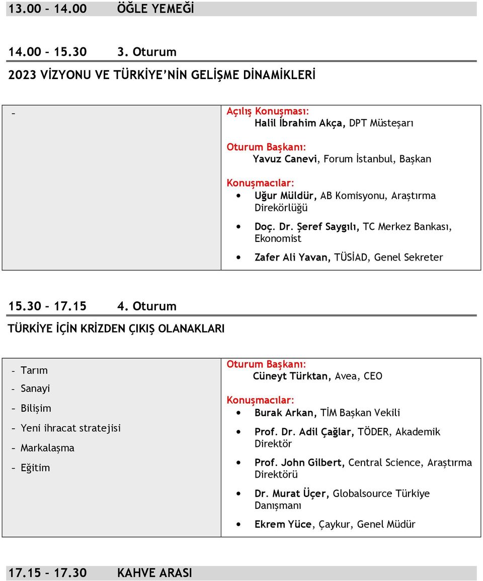 Araştırma Direkörlüğü Doç. Dr. Şeref Saygılı, TC Merkez Bankası, Ekonomist Zafer Ali Yavan, TÜSĐAD, Genel Sekreter 15.30 17.15 4.