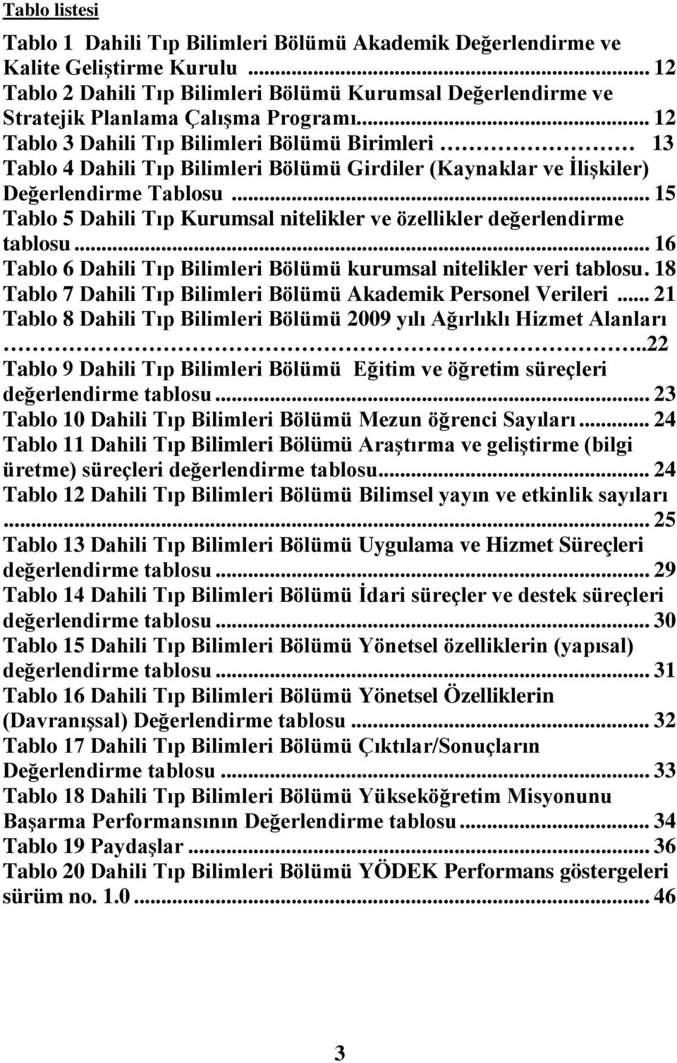 .. 12 Tablo 3 Dahili Tıp Bilimleri Bölümü Birimleri 13 Tablo 4 Dahili Tıp Bilimleri Bölümü Girdiler (Kaynaklar ve İlişkiler) Değerlendirme Tablosu.