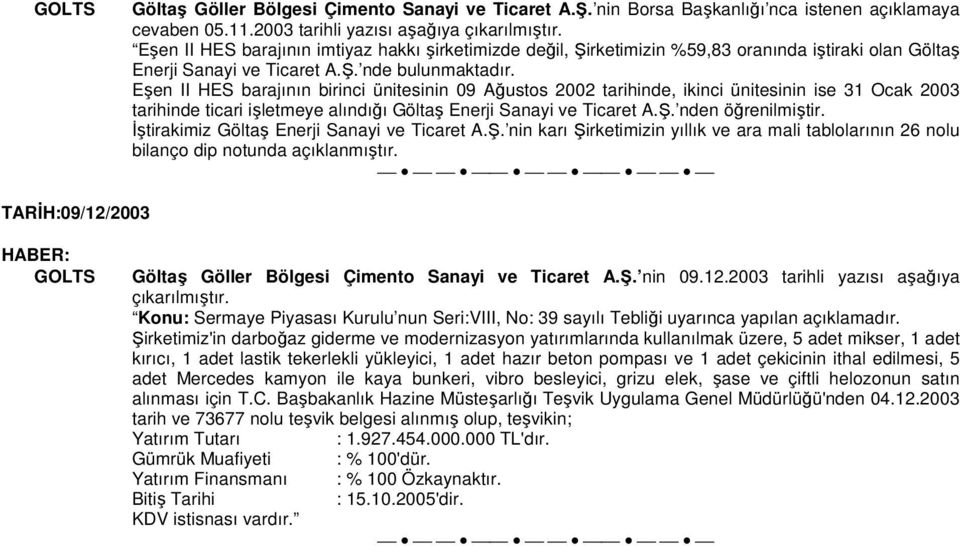 Eşen II HES barajının birinci ünitesinin 09 Ağustos 2002 tarihinde, ikinci ünitesinin ise 31 Ocak 2003 tarihinde ticari işletmeye alındığı Göltaş Enerji Sanayi ve Ticaret A.Ş. nden öğrenilmiştir.