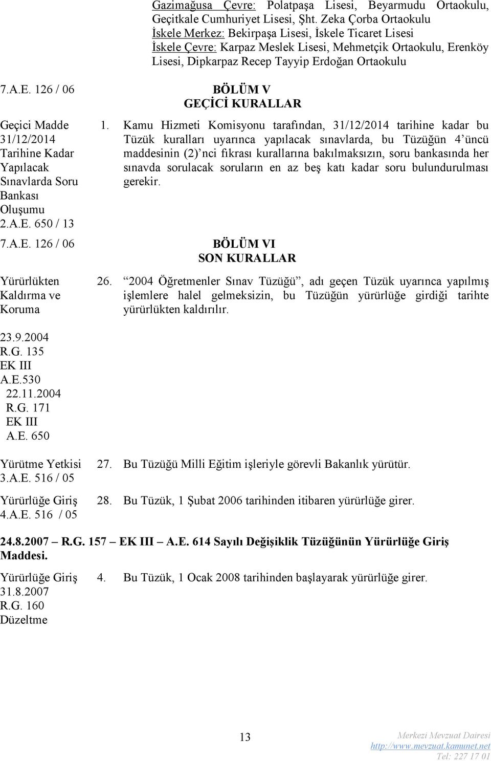 enköy Lisesi, Dipkarpaz Recep Tayyip Erdoğan Ortaokulu 7.A.E. 126 / 06 Geçici Madde 31/12/2014 Tarihine Kadar Yapılacak Sınavlarda Soru Bankası Oluşumu 2.A.E. 650 / 13 7.A.E. 126 / 06 Yürürlükten Kaldırma ve Koruma BÖLÜM V GEÇİCİ KURALLAR 1.