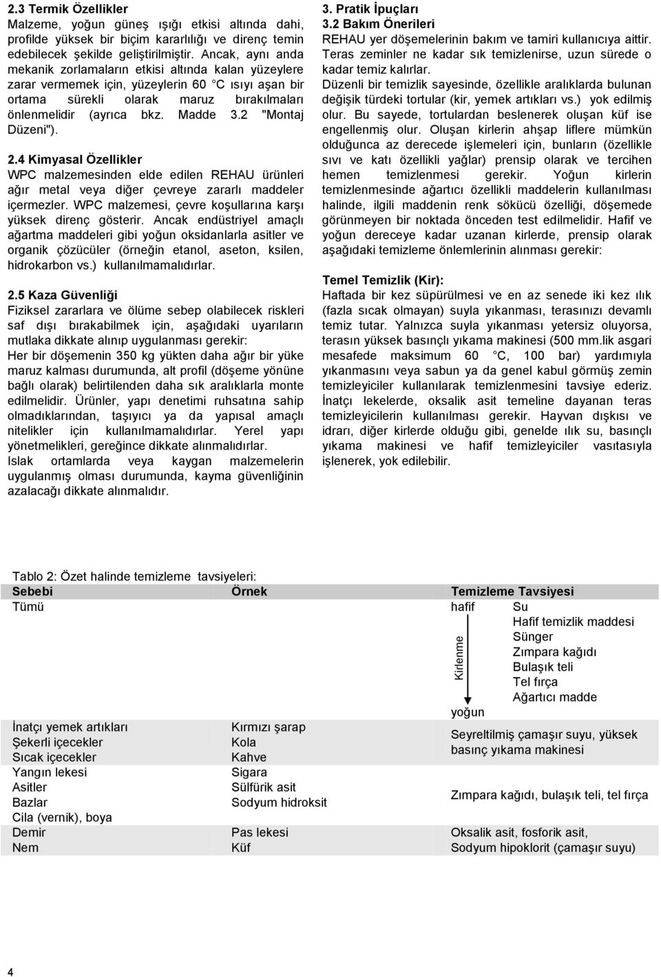 2 "Montaj Düzeni"). 2.4 Kimyasal Özellikler WPC malzemesinden elde edilen REHAU ürünleri ağır metal veya diğer çevreye zararlı maddeler içermezler.