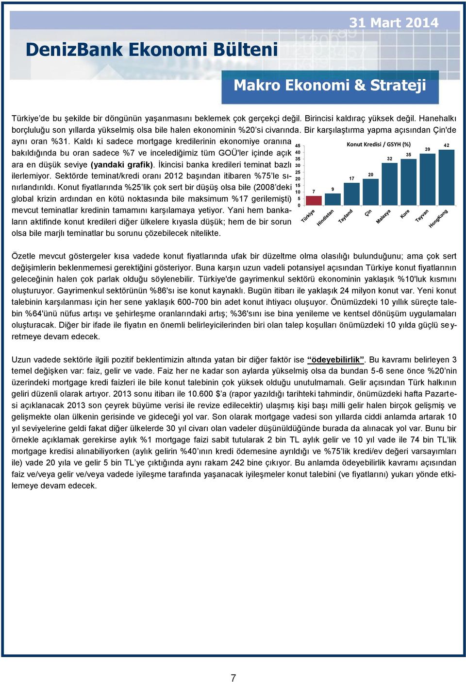 Kaldı ki sadece mortgage kredilerinin ekonomiye oranına bakıldığında bu oran sadece %7 ve incelediğimiz tüm GOÜ'ler içinde açık ara en düşük seviye (yandaki grafik).