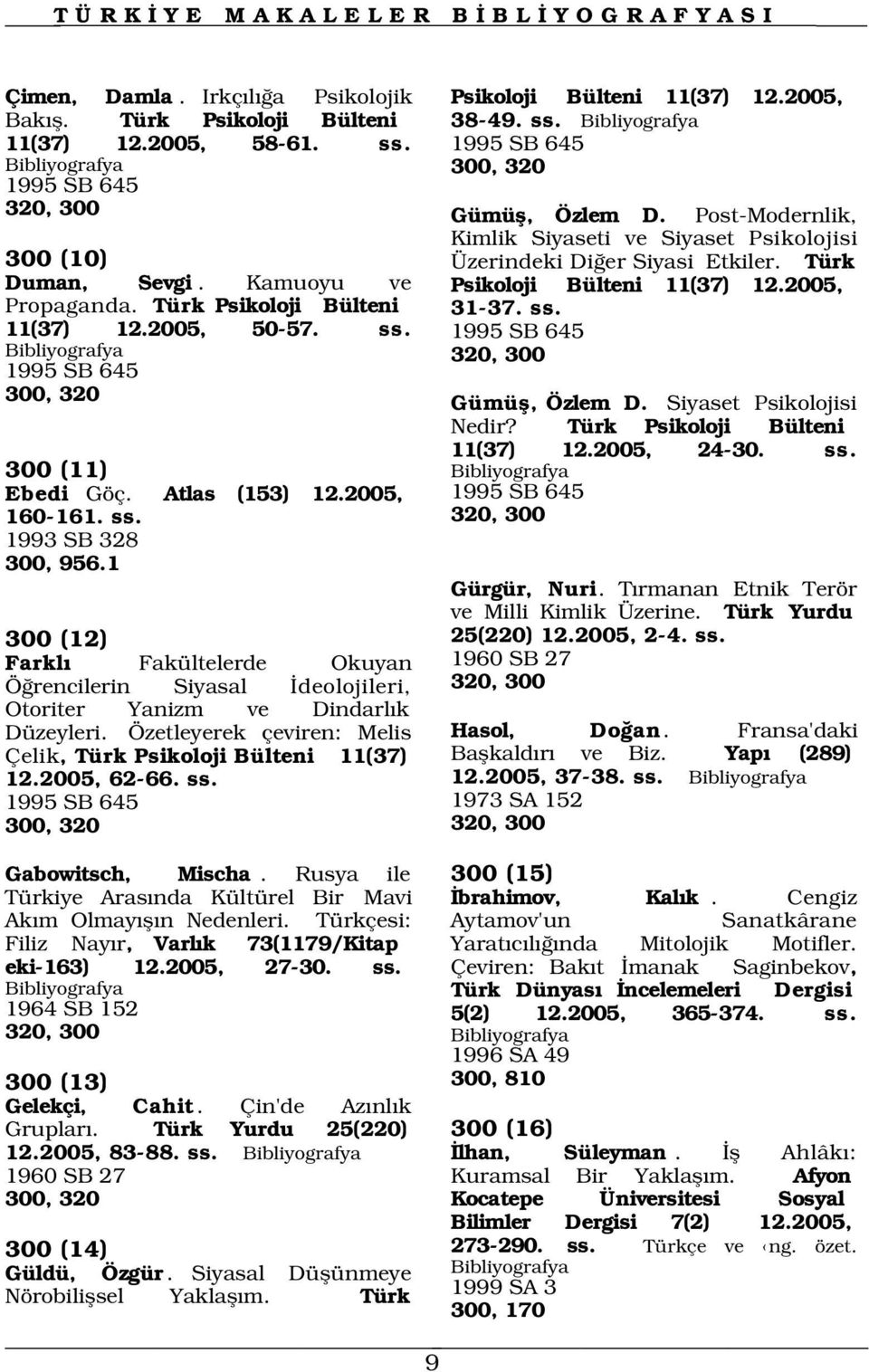 1995 SB 645 300, 320 Kimlik Siyaseti ve Siyaset Psikolojisi Üzerindeki Di er Siyasi Etkiler. Türk Psikoloji Bülteni 11(37) 12.2005, 31-37. ss. 1995 SB 645 320, 300 Gümüfl, Özlem D.