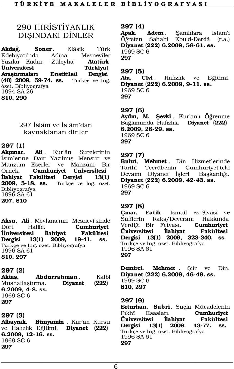 Cumhuriyet Üniversitesi lahiyat Fakültesi Dergisi 13(1) 2009, 5-18. ss. Türkçe ve ng. özet. 1996 SA 61 297, 810 Aksu, Ali. Mevlana'n n Mesnevi'sinde Dört Halife.