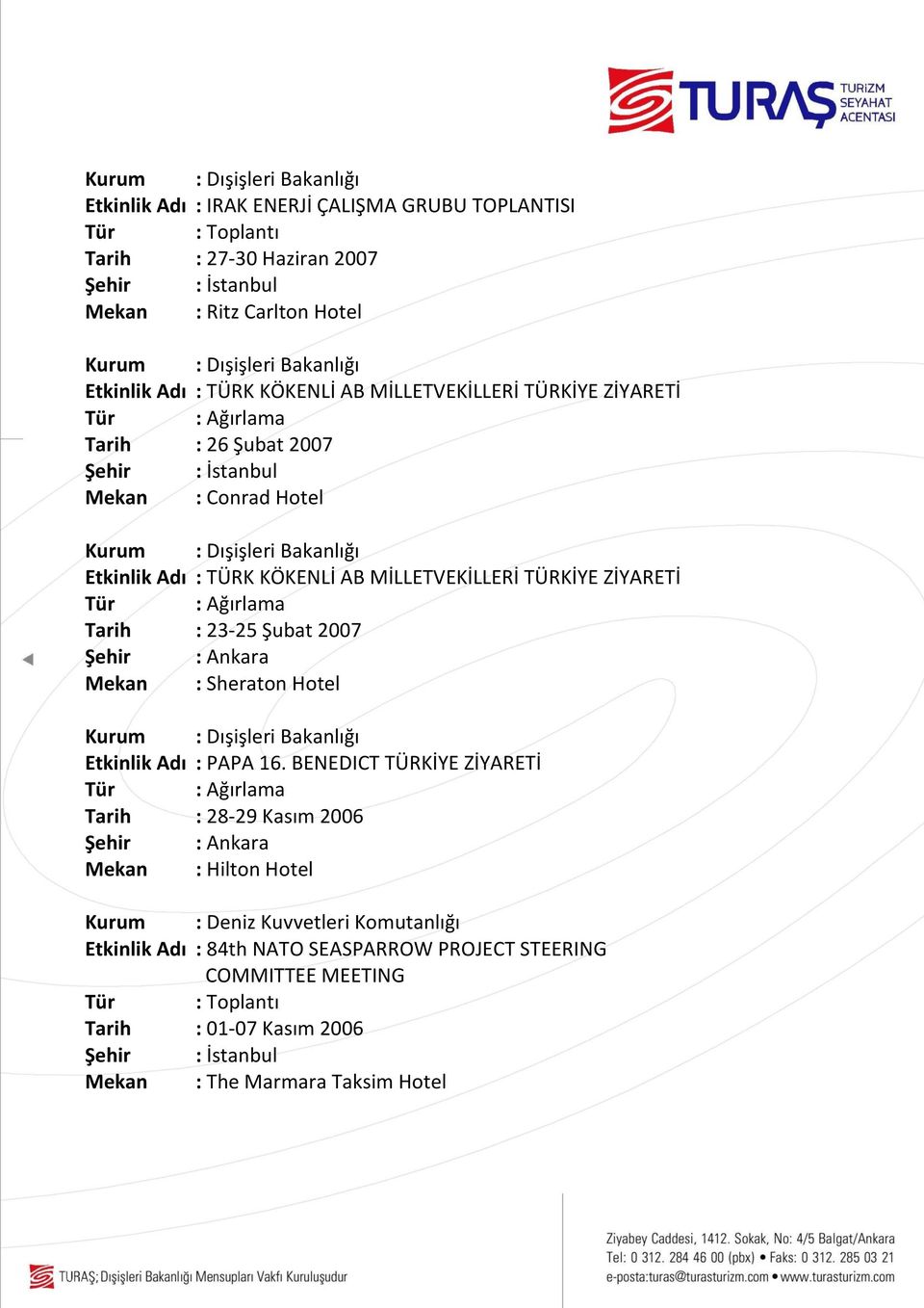 TÜRKİYE ZİYARETİ Tür : Ağırlama Tarih : 23-25 Şubat 2007 Şehir : Ankara Mekan : Sheraton Hotel Kurum : Dışişleri Bakanlığı Etkinlik Adı : PAPA 16.