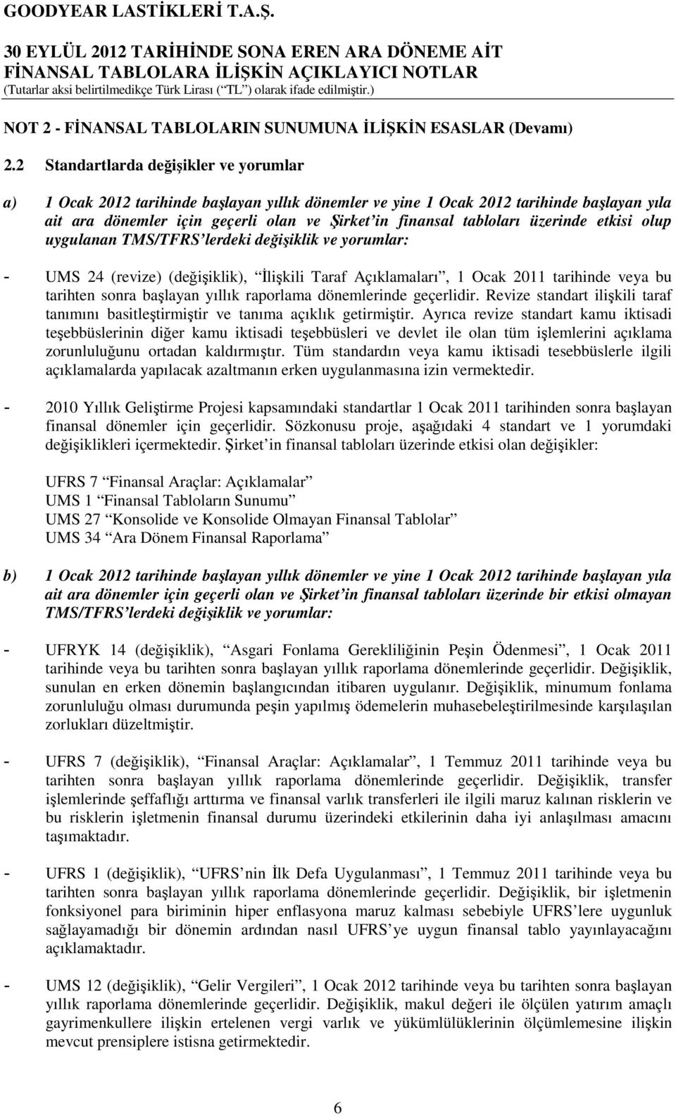 üzerinde etkisi olup uygulanan TMS/TFRS lerdeki değişiklik ve yorumlar: - UMS 24 (revize) (değişiklik), İlişkili Taraf Açıklamaları, 1 Ocak 2011 tarihinde veya bu tarihten sonra başlayan yıllık