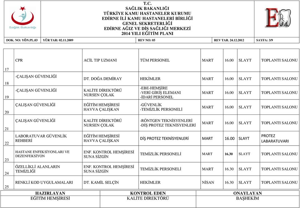 00 SLAYT TOPLANTI SALONU 20 ÇALIŞAN GÜVENLİĞİ MART 16.00 SLAYT TOPLANTI SALONU 21 ÇALIŞAN GÜVENLİĞİ MART 16.