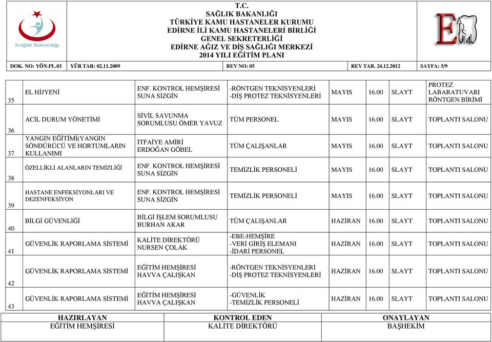 00 SLAYT TOPLANTI SALONU TÜM ÇALIŞANLAR MAYIS 16.00 SLAYT TOPLANTI SALONU 38 TEMİZLİK PERSONELİ MAYIS 16.00 SLAYT TOPLANTI SALONU 39 TEMİZLİK PERSONELİ MAYIS 16.