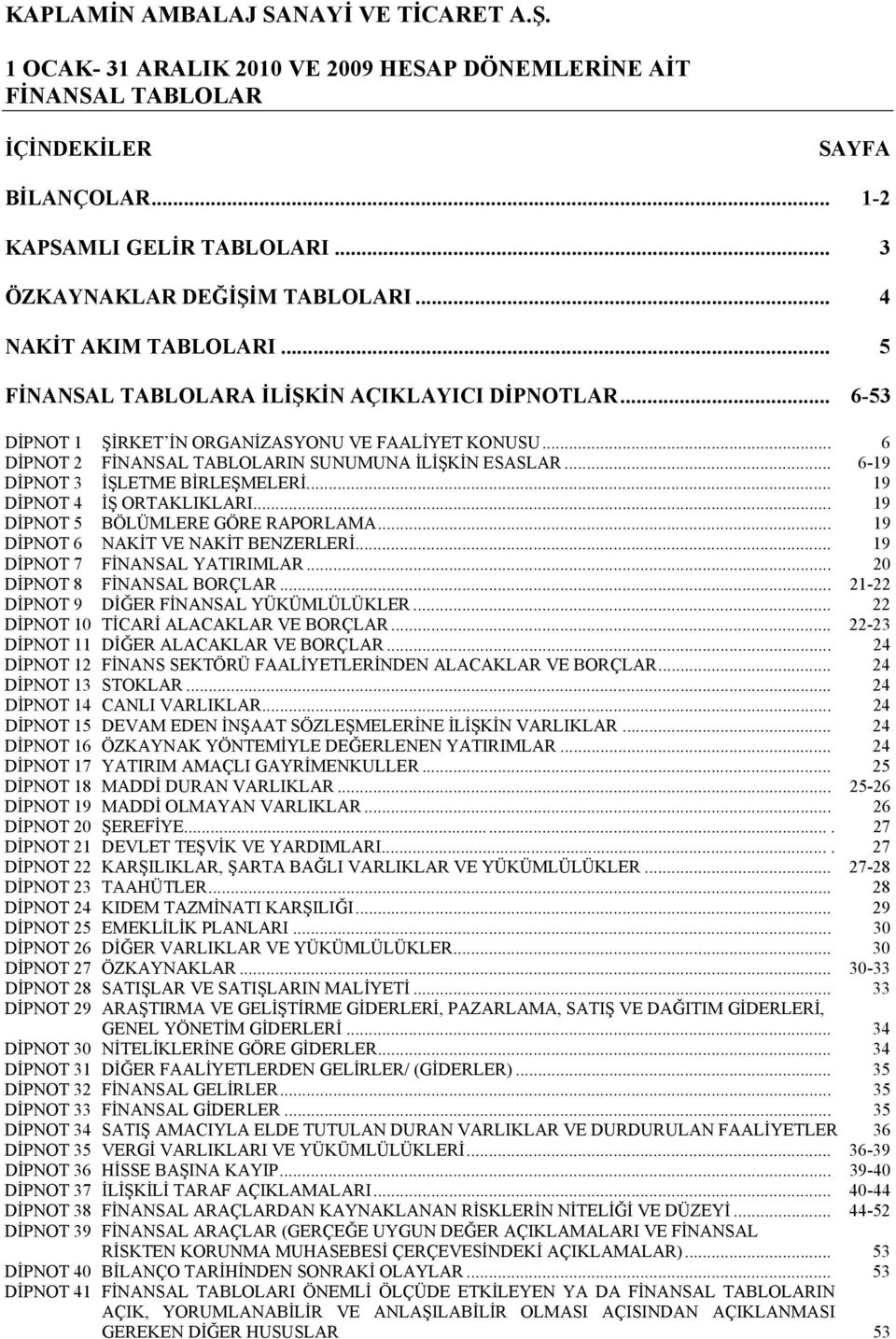 .. 19 DİPNOT 5 BÖLÜMLERE GÖRE RAPORLAMA... 19 DİPNOT 6 NAKİT VE NAKİT BENZERLERİ... 19 DİPNOT 7 FİNANSAL YATIRIMLAR... 20 DİPNOT 8 FİNANSAL BORÇLAR... 21-22 DİPNOT 9 DİĞER FİNANSAL YÜKÜMLÜLÜKLER.