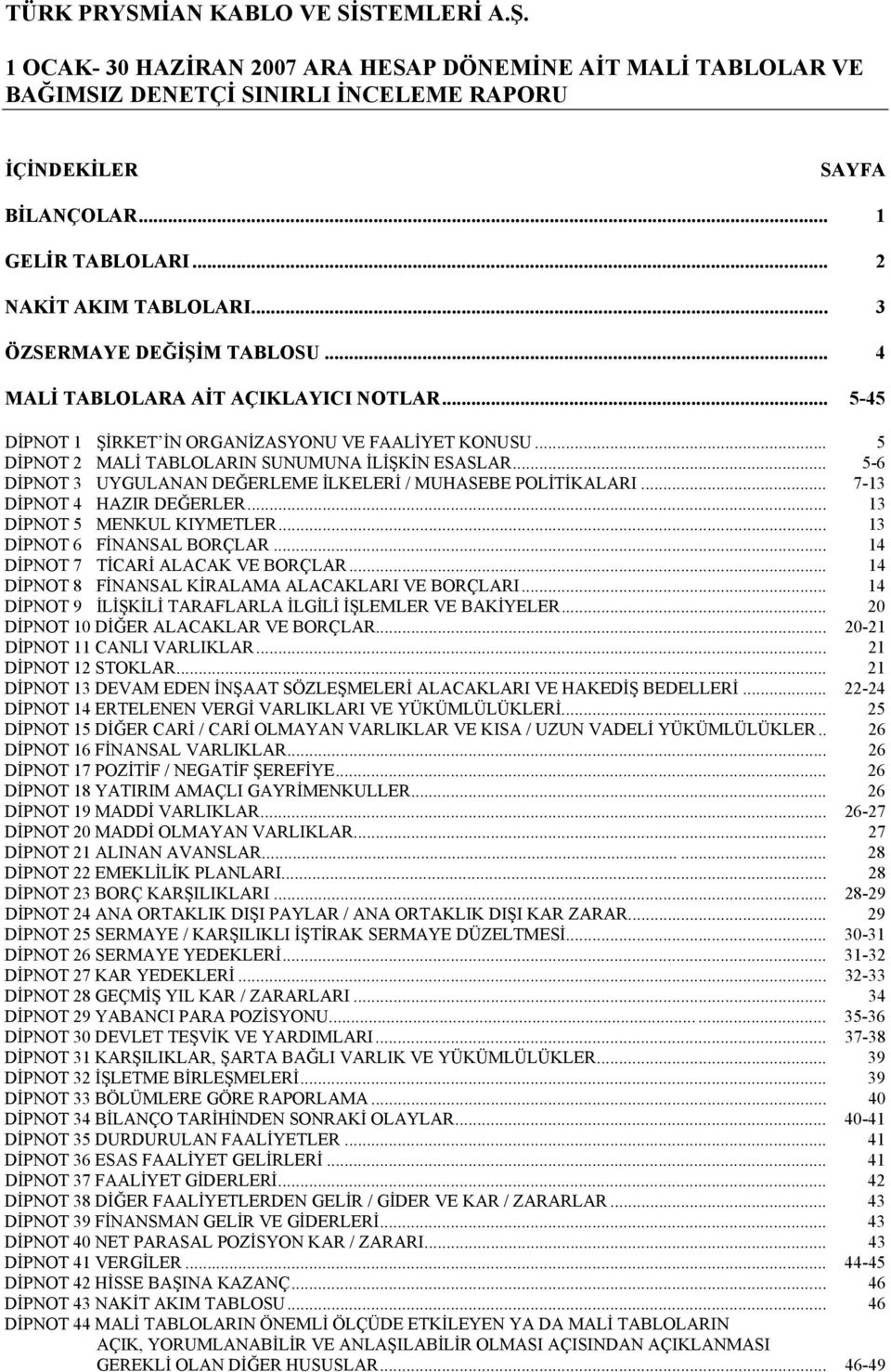 .. 5-6 DİPNOT 3 UYGULANAN DEĞERLEME İLKELERİ / MUHASEBE POLİTİKALARI... 7-13 DİPNOT 4 HAZIR DEĞERLER... 13 DİPNOT 5 MENKUL KIYMETLER... 13 DİPNOT 6 FİNANSAL BORÇLAR.