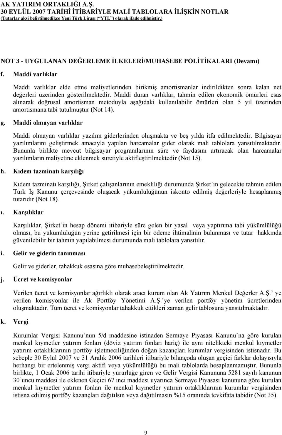 Maddi duran varlıklar, tahmin edilen ekonomik ömürleri esas alınarak doğrusal amortisman metoduyla aşağıdaki kullanılabilir ömürleri olan 5 yıl üzerinden amortismana tabi tutulmuştur (Not 14). g.