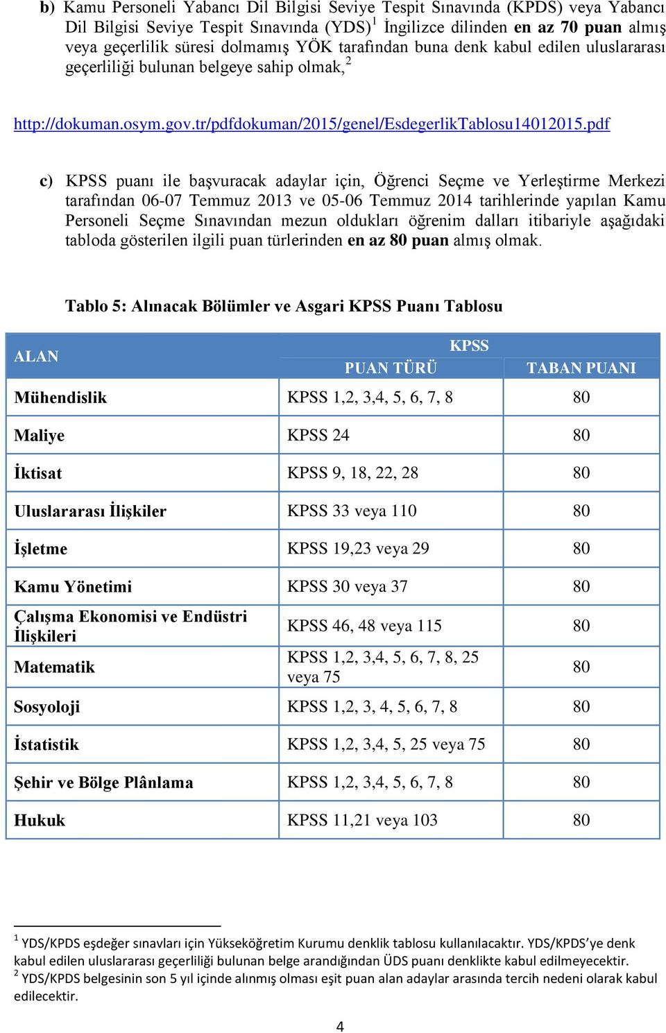 pdf c) KPSS puanı ile başvuracak adaylar için, Öğrenci Seçme ve Yerleştirme Merkezi tarafından 06-07 Temmuz 2013 ve 05-06 Temmuz 2014 tarihlerinde yapılan Kamu Personeli Seçme Sınavından mezun