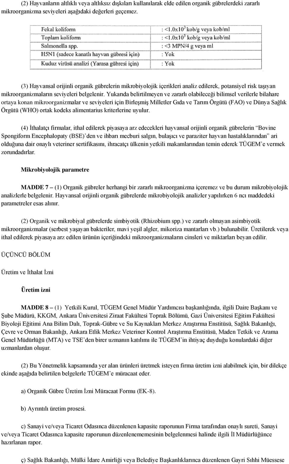 Yukarıda belirtilmeyen ve zararlı olabileceği bilimsel verilerle bilahare ortaya konan mikroorganizmalar ve seviyeleri için Birleşmiş Milletler Gıda ve Tarım Örgütü (FAO) ve Dünya Sağlık Örgütü (WHO)