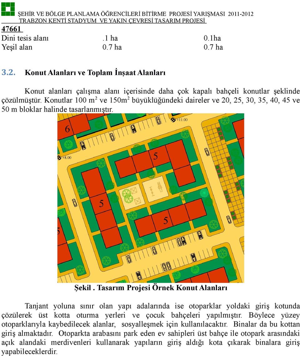 Tasarım Projesi Örnek Konut Alanları Tanjant yoluna sınır olan yapı adalarında ise otoparklar yoldaki giriş kotunda çözülerek üst kotta oturma yerleri ve çocuk bahçeleri yapılmıştır.