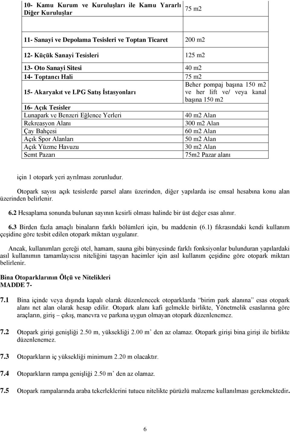 m2 Alan Çay Bahçesi 60 m2 Alan Açık Spor Alanları 50 m2 Alan Açık Yüzme Havuzu 30 m2 Alan Semt Pazarı 75m2 Pazar alanı için 1 otopark yeri ayrılması zorunludur.