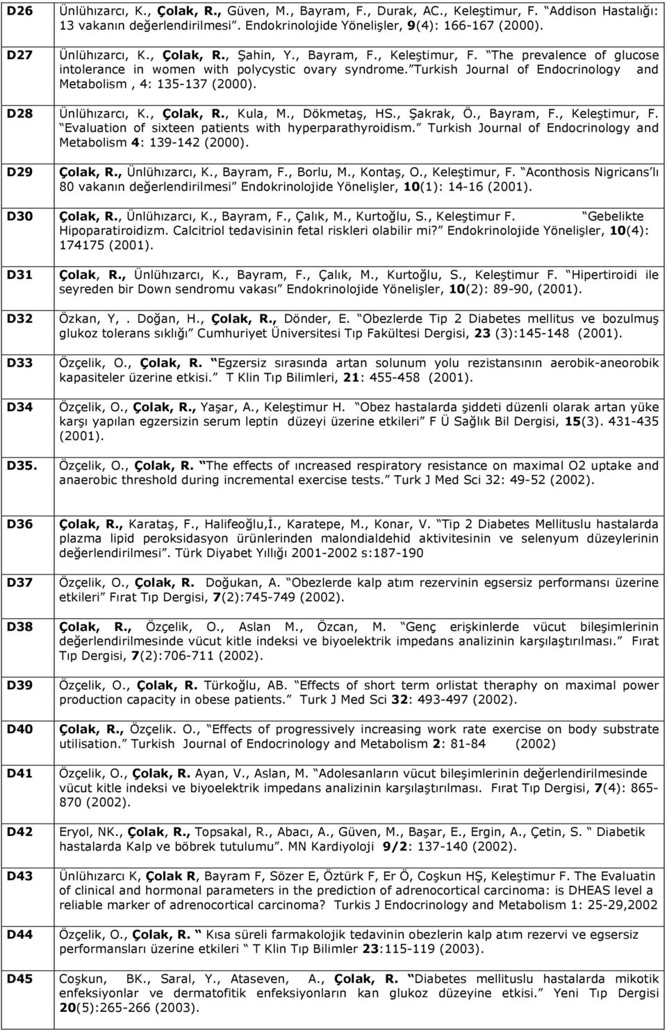 , Çolak, R., Kula, M., Dökmetaş, HS., Şakrak, Ö., Bayram, F., Keleştimur, F. Evaluation of sixteen patients with hyperparathyroidism. Turkish Journal of Endocrinology and Metabolism 4: 139-142 (2000).