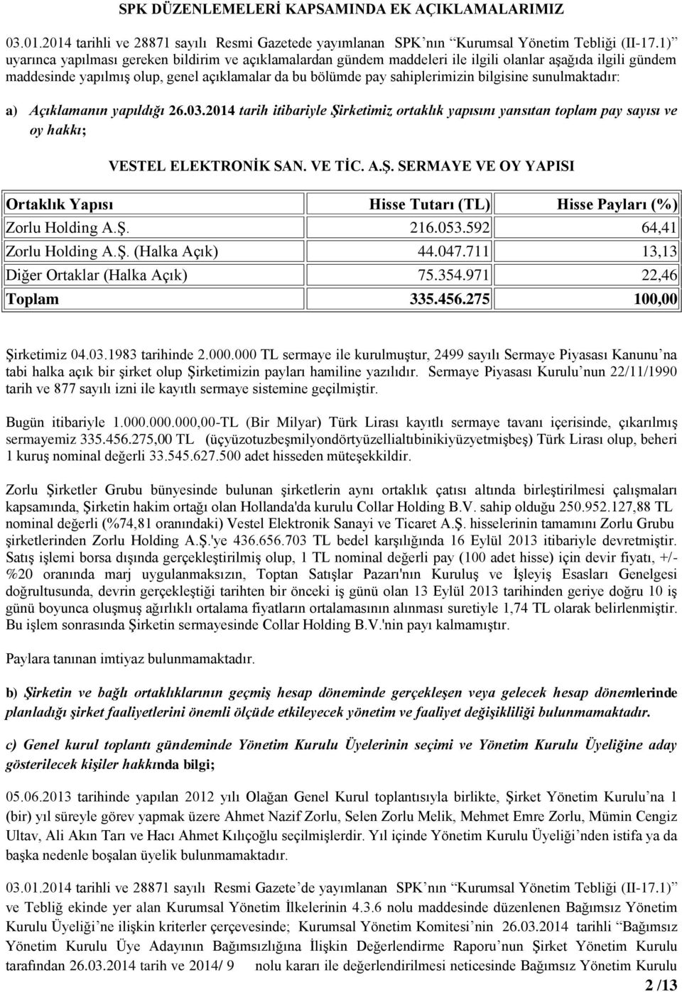 bilgisine sunulmaktadır: a) Açıklamanın yapıldığı 26.03.2014 tarih itibariyle Şirketimiz ortaklık yapısını yansıtan toplam pay sayısı ve oy hakkı; VESTEL ELEKTRONİK SAN. VE TİC. A.Ş. SERMAYE VE OY YAPISI Ortaklık Yapısı Hisse Tutarı (TL) Hisse Payları (%) Zorlu Holding A.