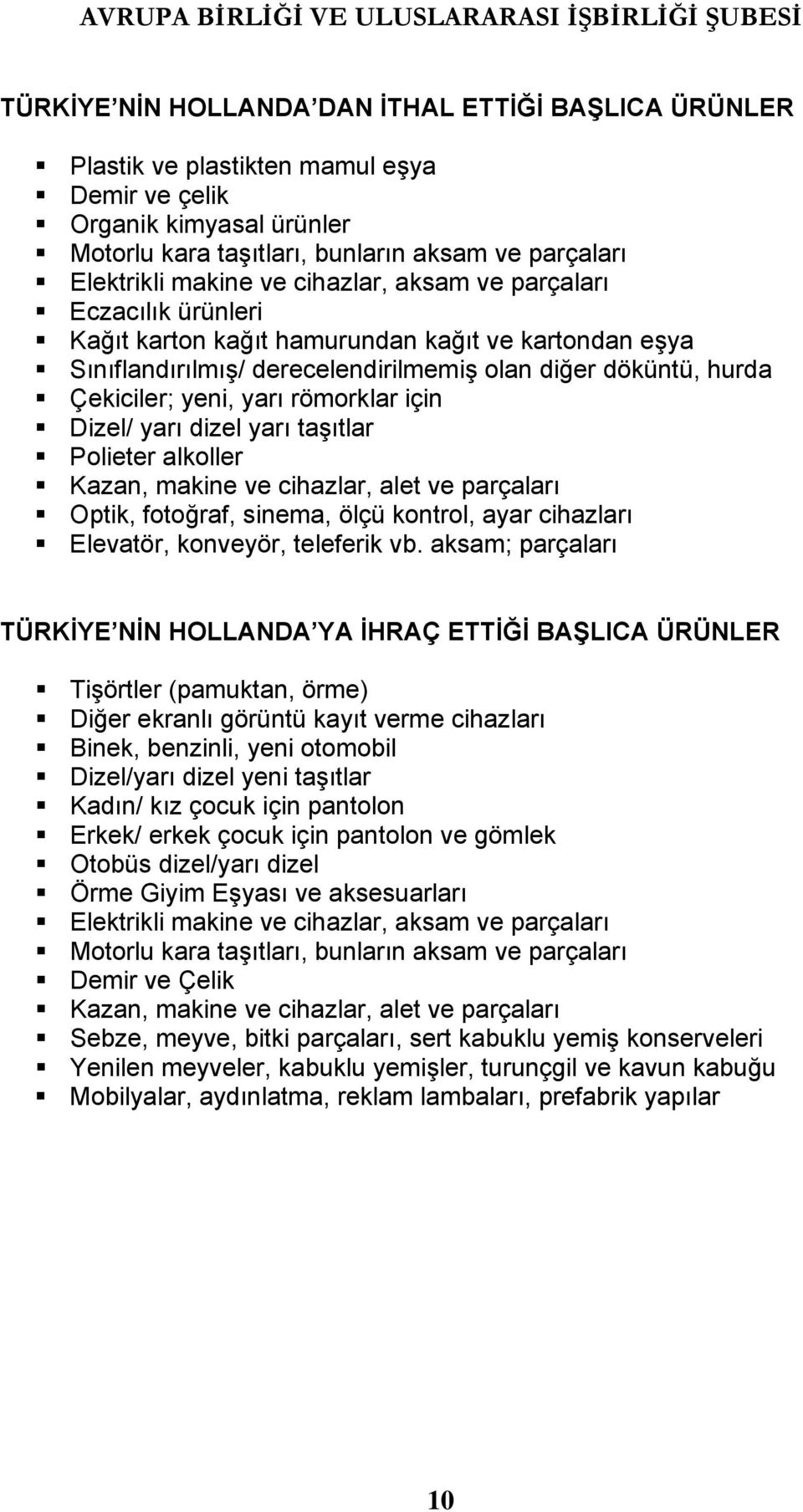 için Dizel/ yarı dizel yarı taşıtlar Polieter alkoller Kazan, makine ve cihazlar, alet ve parçaları Optik, fotoğraf, sinema, ölçü kontrol, ayar cihazları Elevatör, konveyör, teleferik vb.