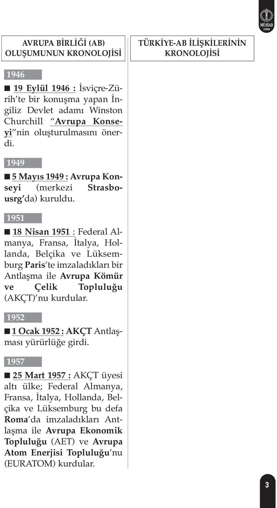 1951 18 Nisan 1951 : Federal Almanya, Fransa, talya, Hollanda, Belçika ve Lüksemburg Paris te imzalad klar bir Antlaflma ile Avrupa Kömür ve Çelik Toplulu u (AKÇT) nu