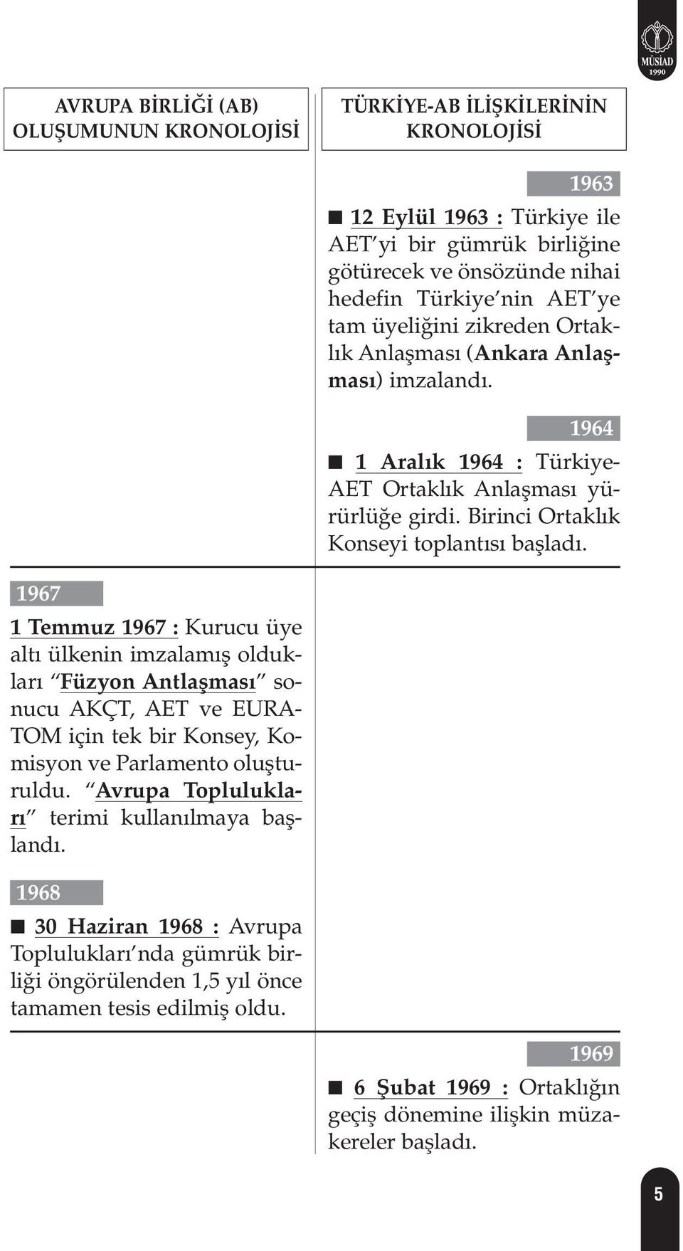 1967 1 Temmuz 1967 : Kurucu üye alt ülkenin imzalam fl olduklar Füzyon Antlaflmas sonucu AKÇT, AET ve EURA- TOM için tek bir Konsey, Komisyon ve Parlamento oluflturuldu.