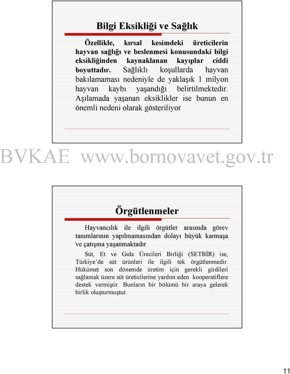 Aşılamada yaşanan anan eksiklikler ise bunun en önemli nedeni olarak gösteriliyorg Örgütlenmeler Hayvancılık k ile ilgili örgütler arasında görev g tanımlar mlarının n yapılmamas lmamasından dolayı