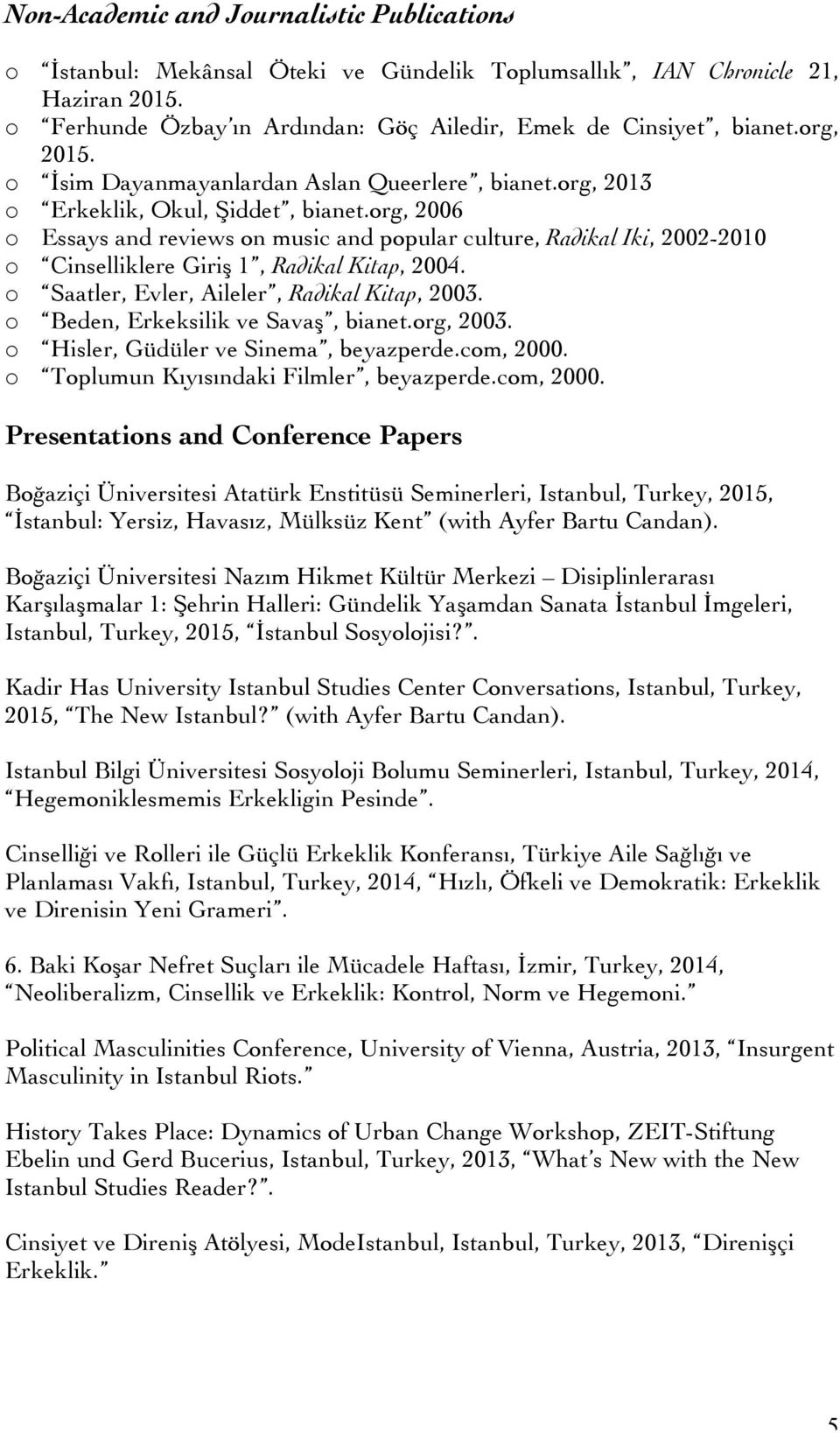 org, 2006 o Essays and reviews on music and popular culture, Radikal Iki, 2002-2010 o Cinselliklere Giriş 1, Radikal Kitap, 2004. o Saatler, Evler, Aileler, Radikal Kitap, 2003.