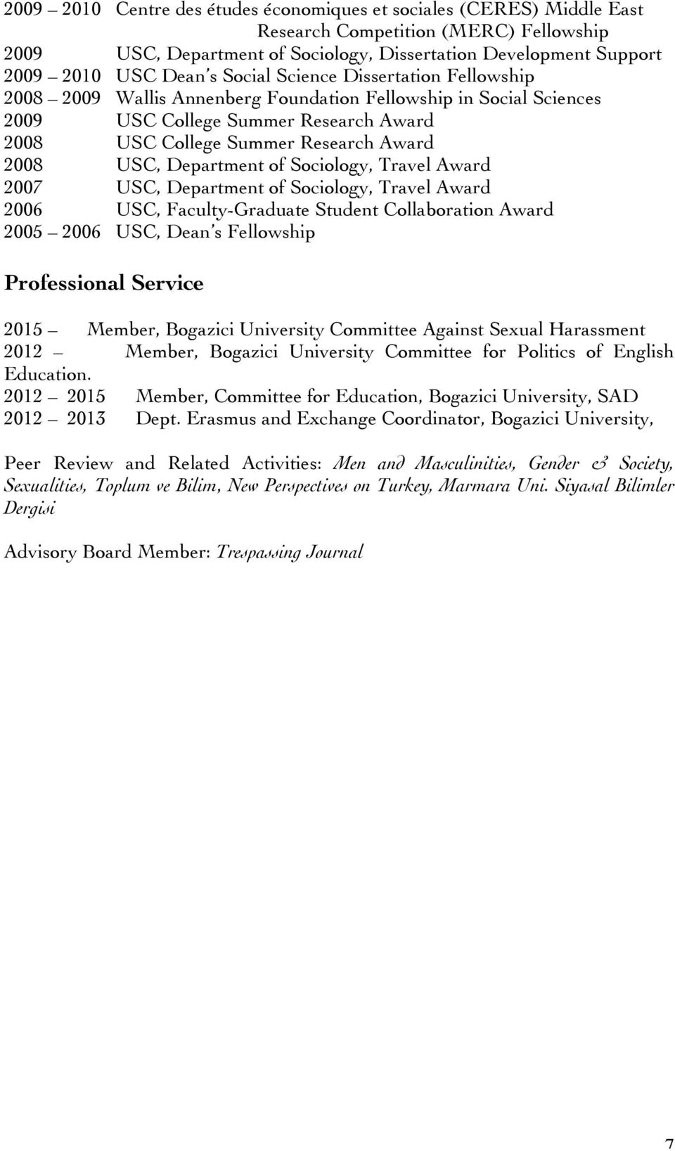 Department of Sociology, Travel Award 2007 USC, Department of Sociology, Travel Award 2006 USC, Faculty-Graduate Student Collaboration Award 2005 2006 USC, Dean s Fellowship Professional Service 2015