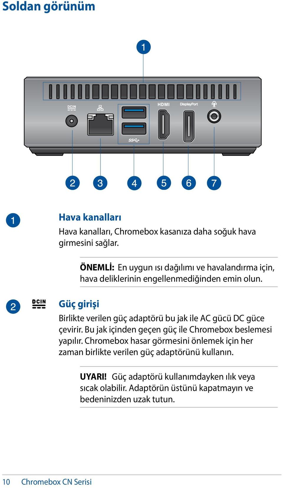 Güç girişi Birlikte verilen güç adaptörü bu jak ile AC gücü DC güce çevirir. Bu jak içinden geçen güç ile Chromebox beslemesi yapılır.