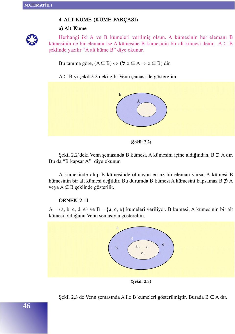 2 deki Venn flemas nda B kümesi, A kümesini içine ald ndan, B A d r. Bu da B kapsar A diye okunur.