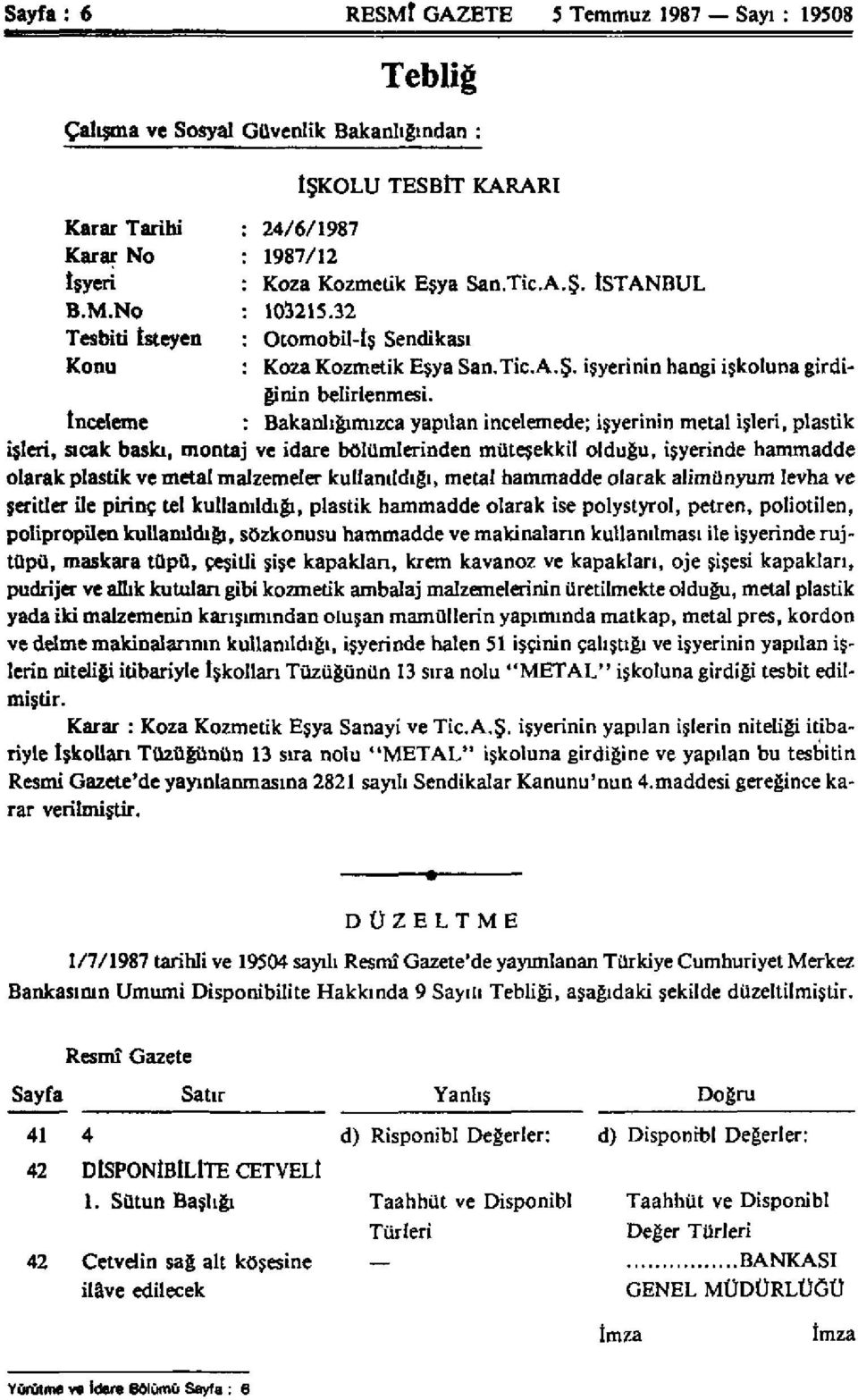 İnceleme : Bakanlığımızca yapılan incelemede; işyerinin metal işleri, plastik işleri, sıcak baskı, montaj ve idare bölümlerinden müteşekkil olduğu, işyerinde hammadde olarak plastik ve metal